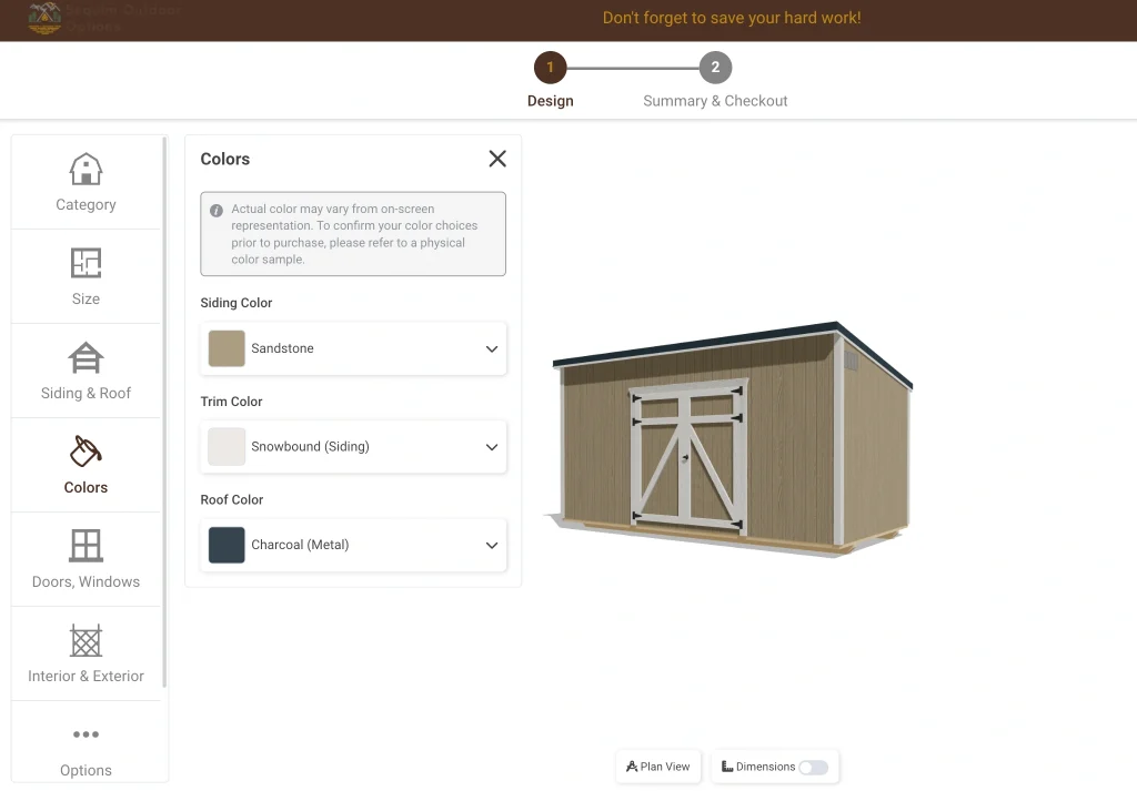 Sequim Outdoor Options 3D Builder Step 1